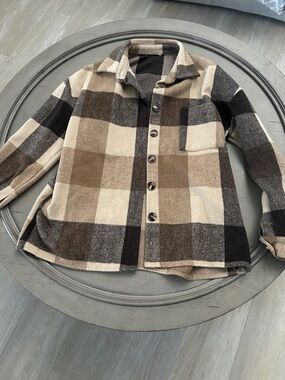 Plaid Button-Up Shacket in Brown and Cream